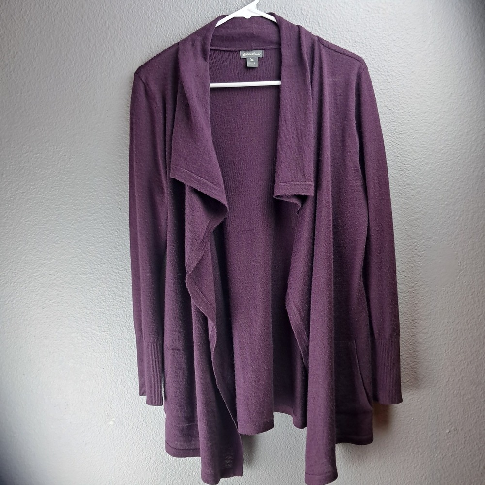 Eddie Bauer Womens L Long Sleeve Ruana‎ Draped Purple Knit Sweater Cascade Neck